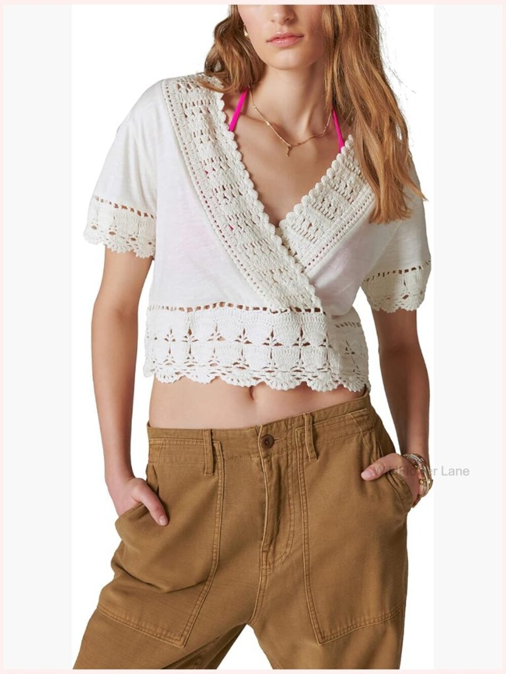V Neck Crochet Top - Short Sleeve, Cotton, Regular Fit